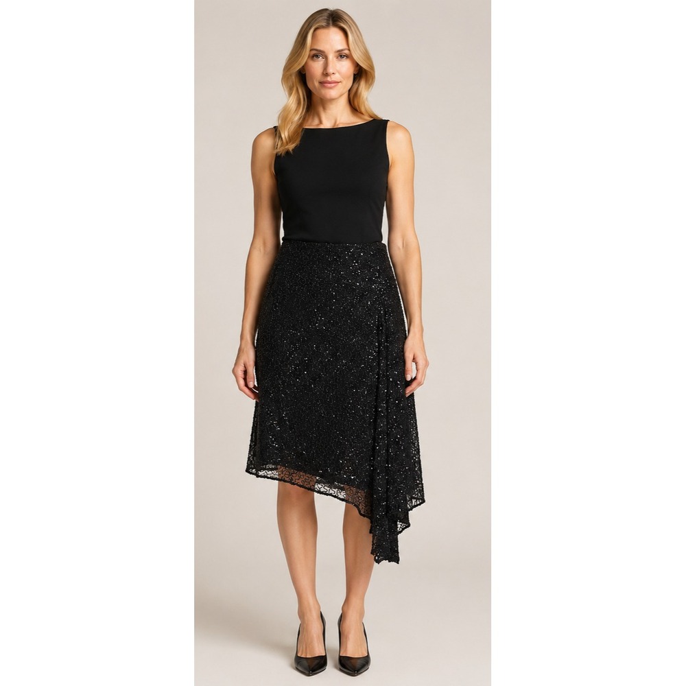 Silk Emma Black Beaded Sequin Asymmetrical Hem Formal Evening Midi Skirt Size 6